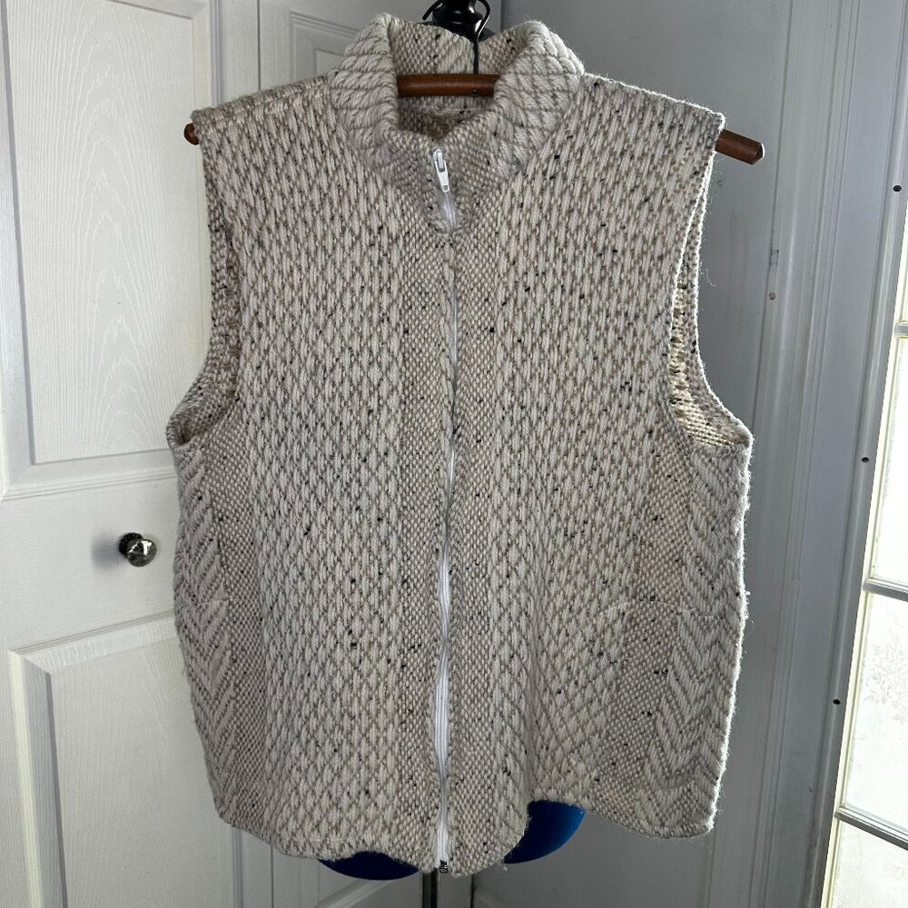 Womens Sweater Vest-BRANIGAN WEAVERS-IRELAND- Beige basket weave wool zip- Large